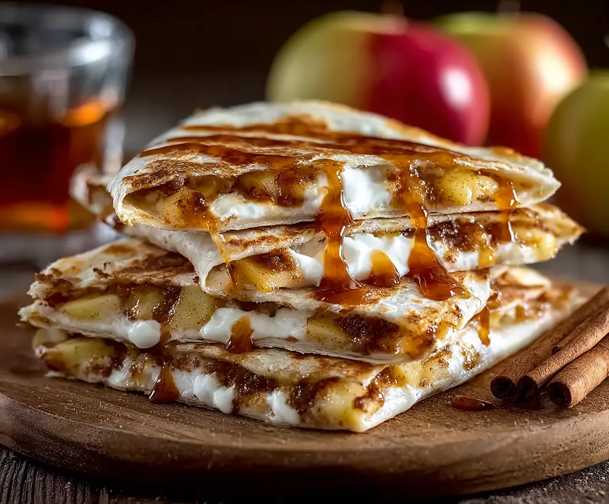 Delicious apple cinnamon breakfast quesadillas with melted cheese and sliced apples.