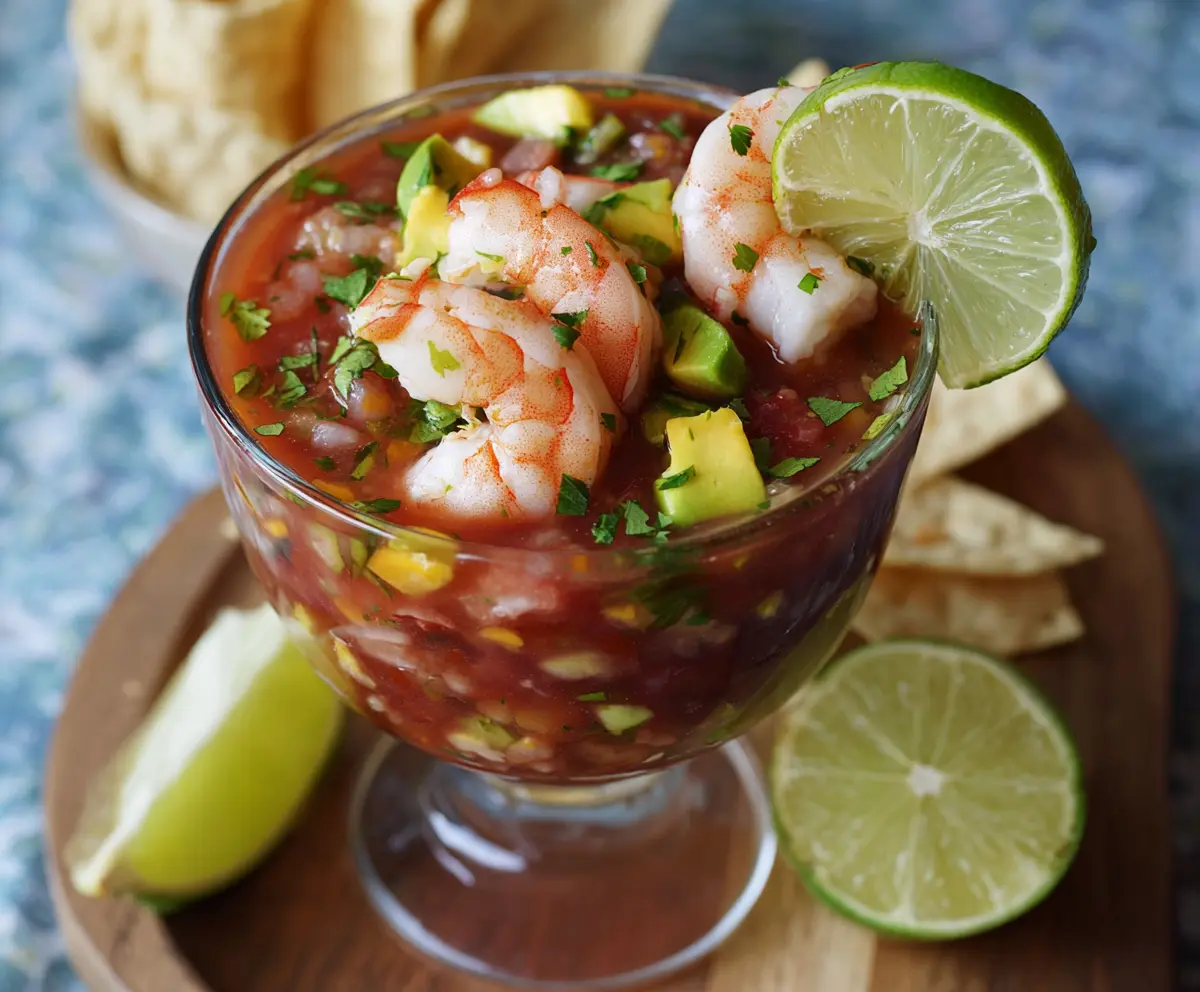 Delicious authentic Mexican shrimp cocktail served in a glass bowl with fresh lime and cilantro.