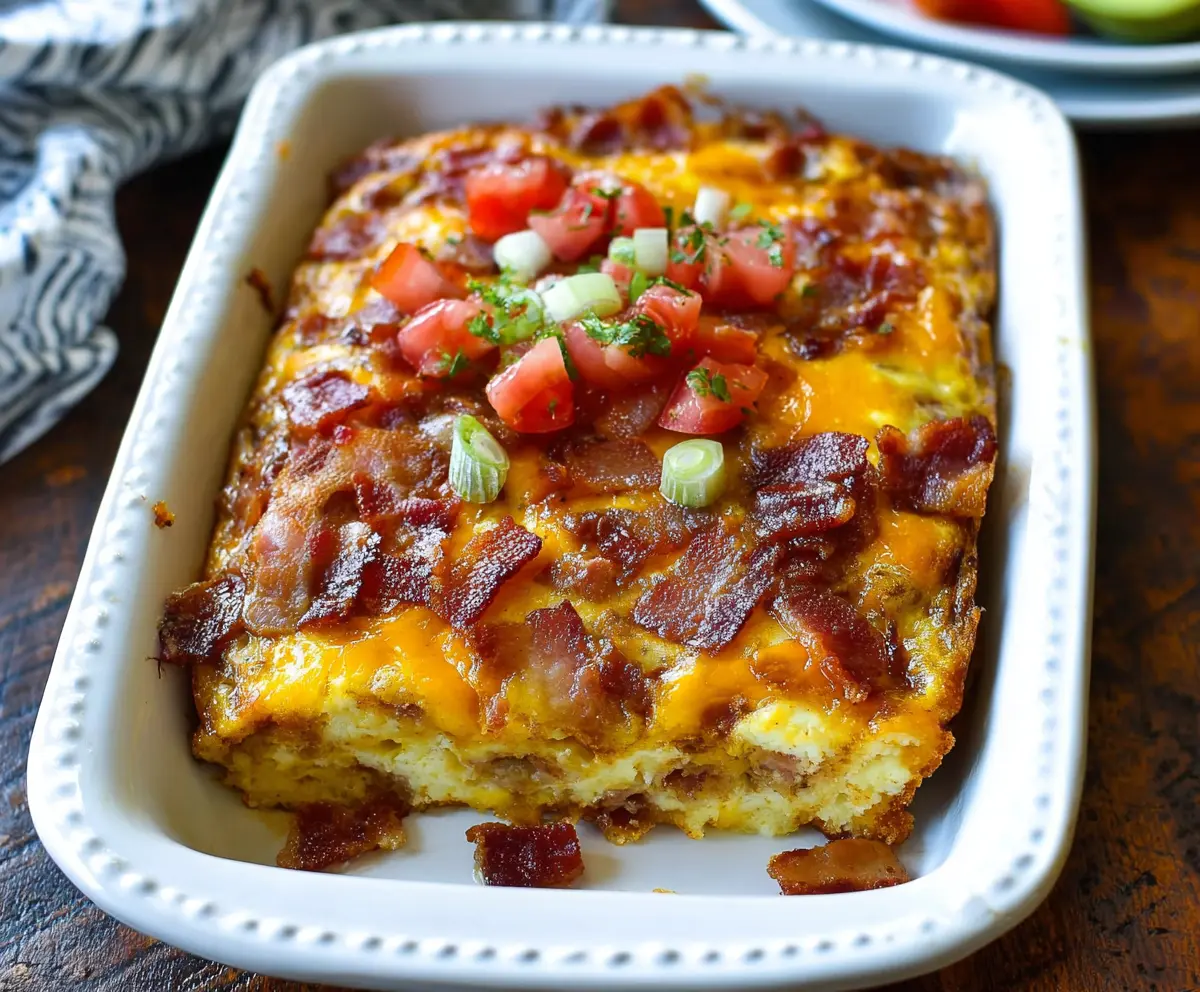 Delicious Bacon Breakfast Casserole with crispy bacon, eggs, and cheese ready to serve.