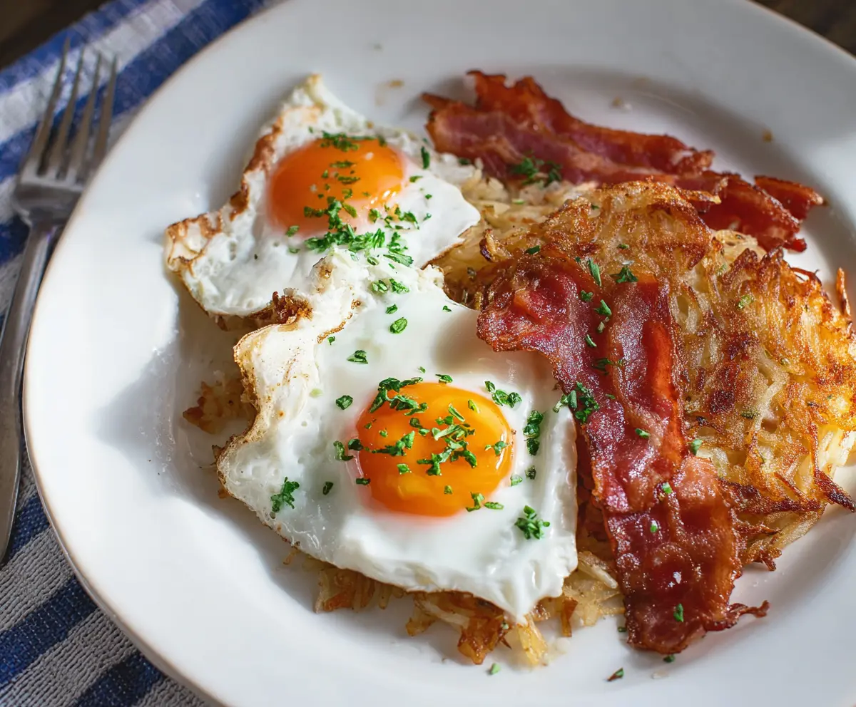 Delicious bacon hash browns with sunny side up eggs on a breakfast plate