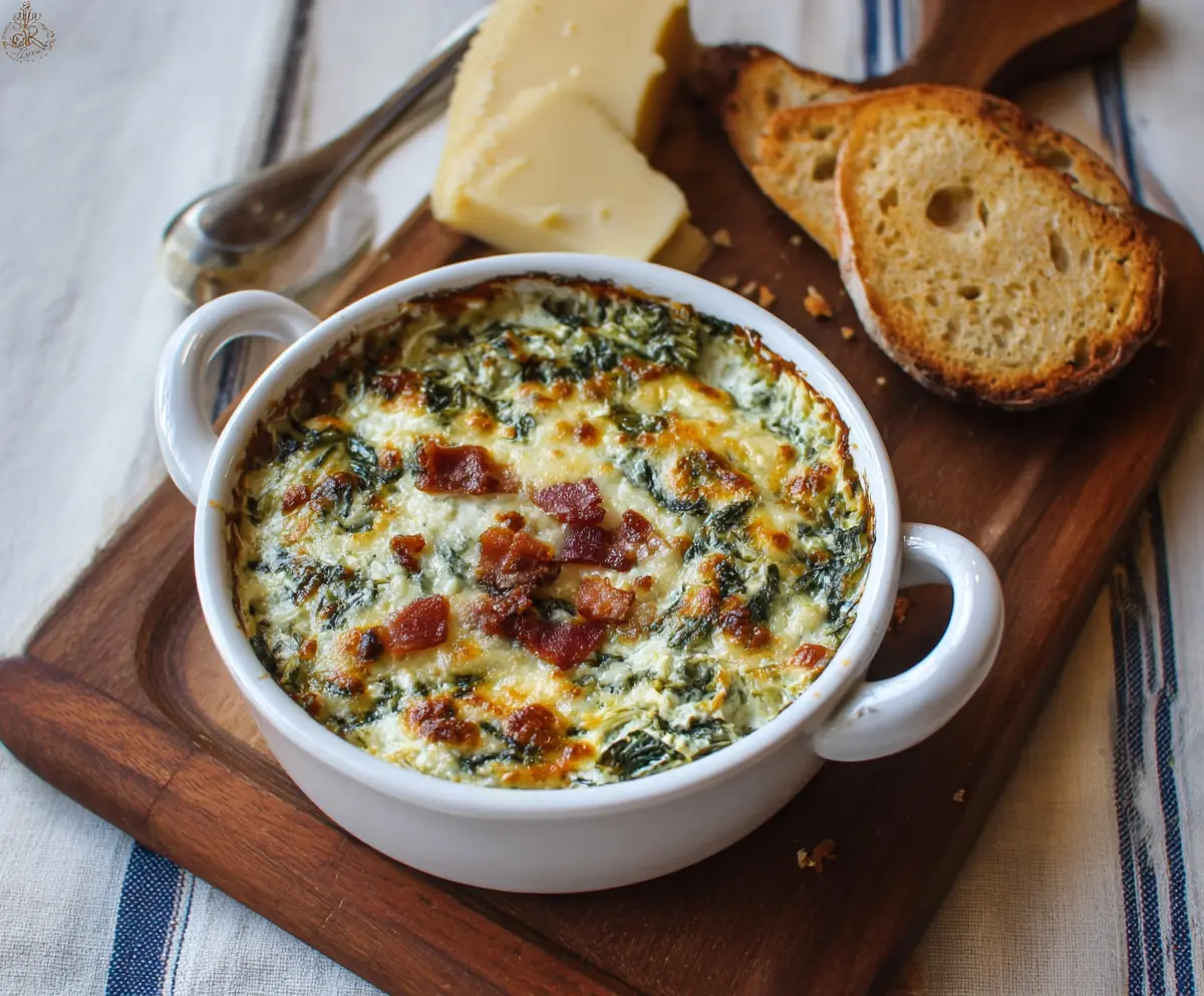 Creamy bacon spinach and artichoke dip in a bowl, perfect for sharing at parties.