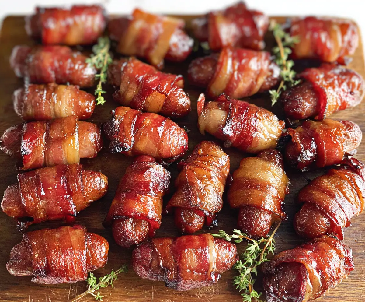 Delicious bacon-wrapped little smokies served on a platter, perfect appetizer for parties.