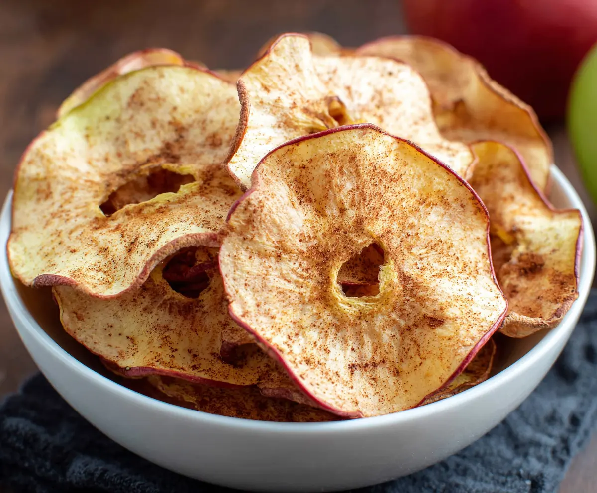 Crispy baked apple chips on a white plate, healthy snack option.