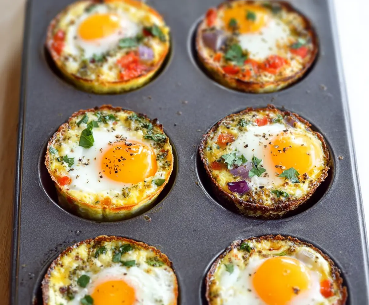 Delicious baked egg breakfast cups with vegetables and cheese in muffin tins, perfect for a healthy morning meal.