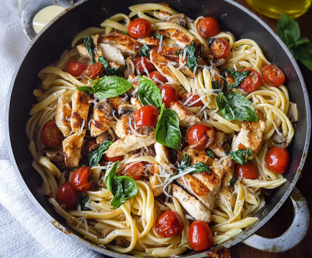 Delicious balsamic chicken pasta served with fresh herbs and a flavorful sauce