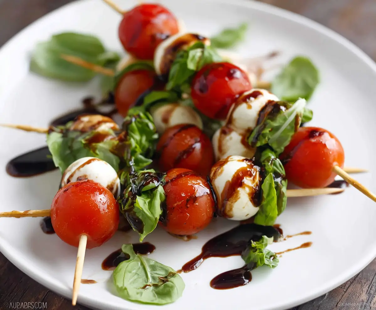 Balsamic glazed Caprese skewers with fresh basil and cherry tomatoes on a white plate