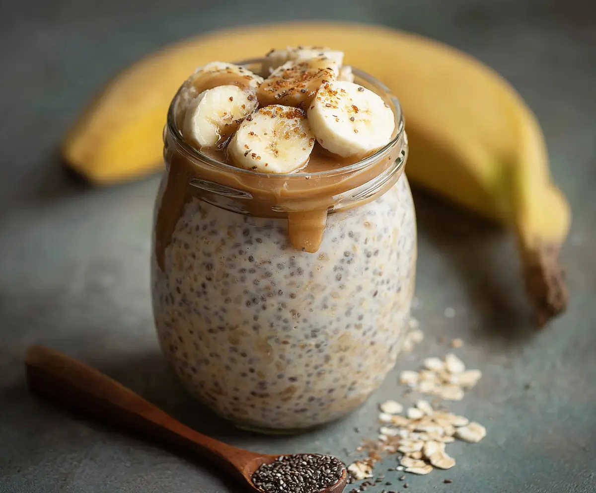 A bowl of creamy Banana Chia Overnight Oats topped with sliced bananas and chia seeds for a healthy breakfast.