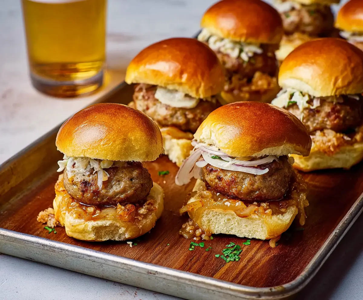 Delicious Beer Brat Sliders with melted cheese and sauerkraut on a platter.