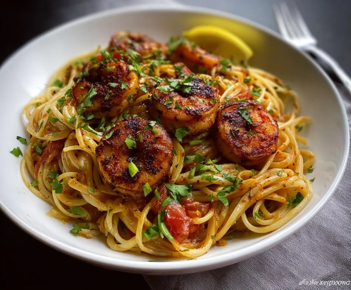 Delicious blackened shrimp pasta garnished with fresh herbs on a white plate.