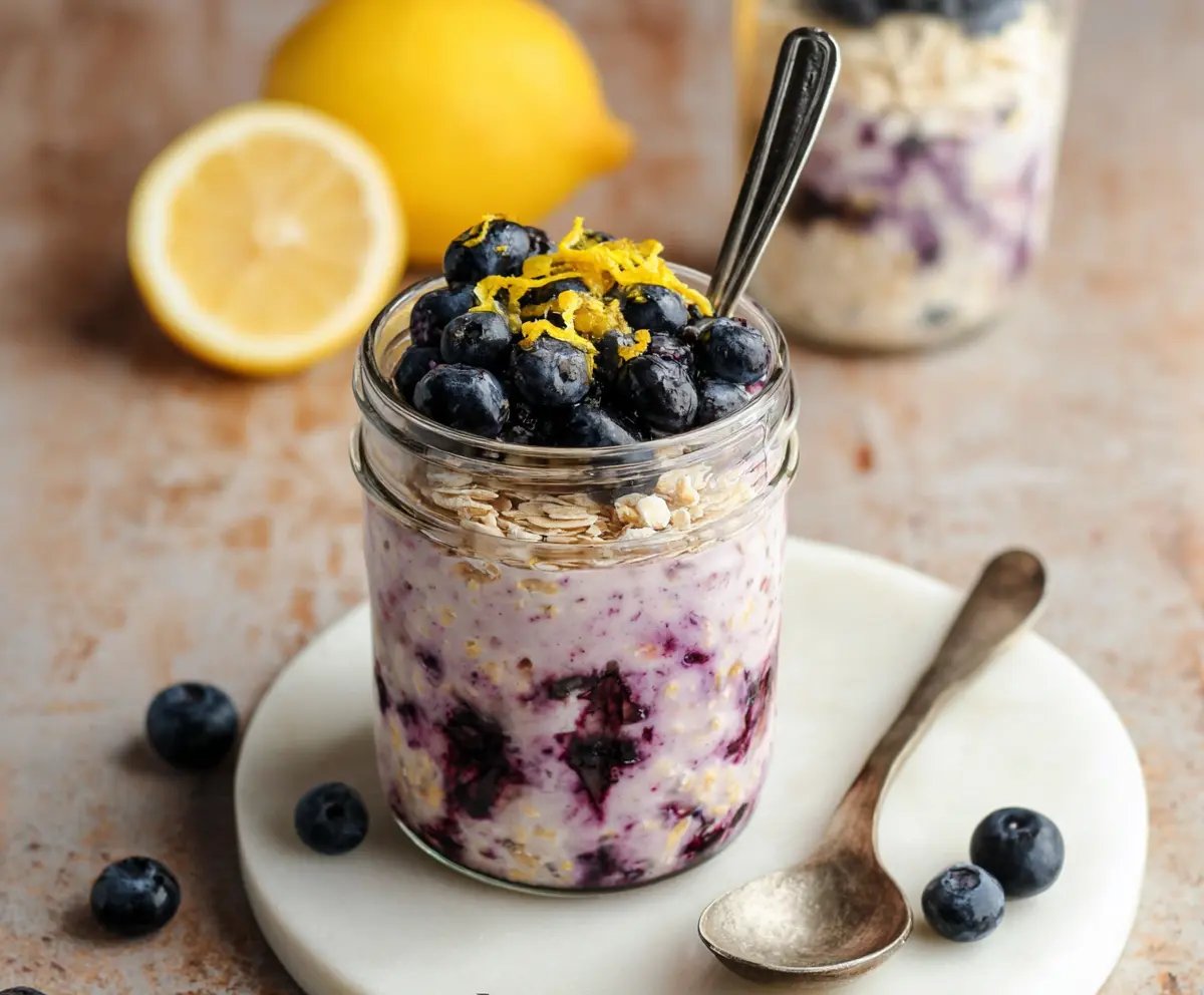 Delicious Blueberry Lemon Overnight Oats in a glass jar topped with fresh blueberries and lemon zest.