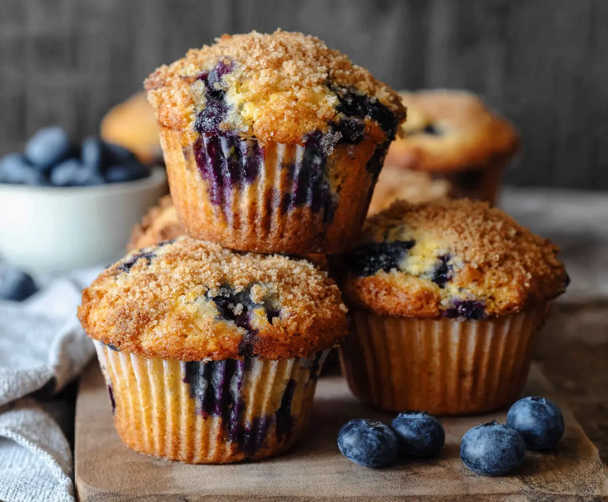 Freshly baked blueberry muffins with golden tops on a baking tray.