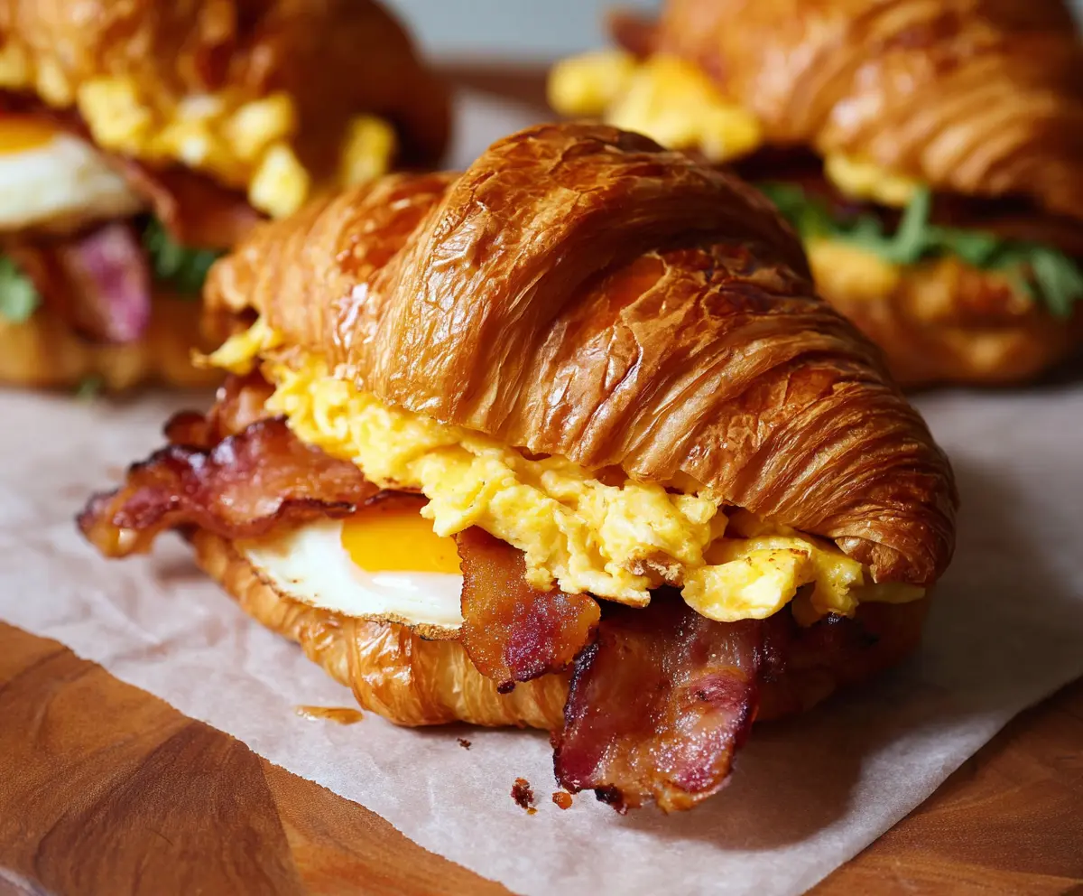 Delicious breakfast croissant sandwich with eggs, cheese, and ham for a hearty morning meal