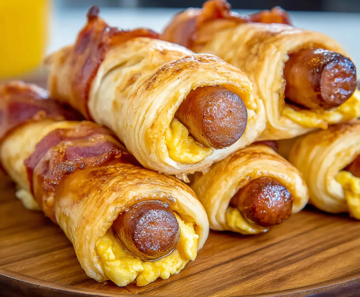 Delicious breakfast pigs in a blanket with golden baked sausage wrapped in flaky dough.