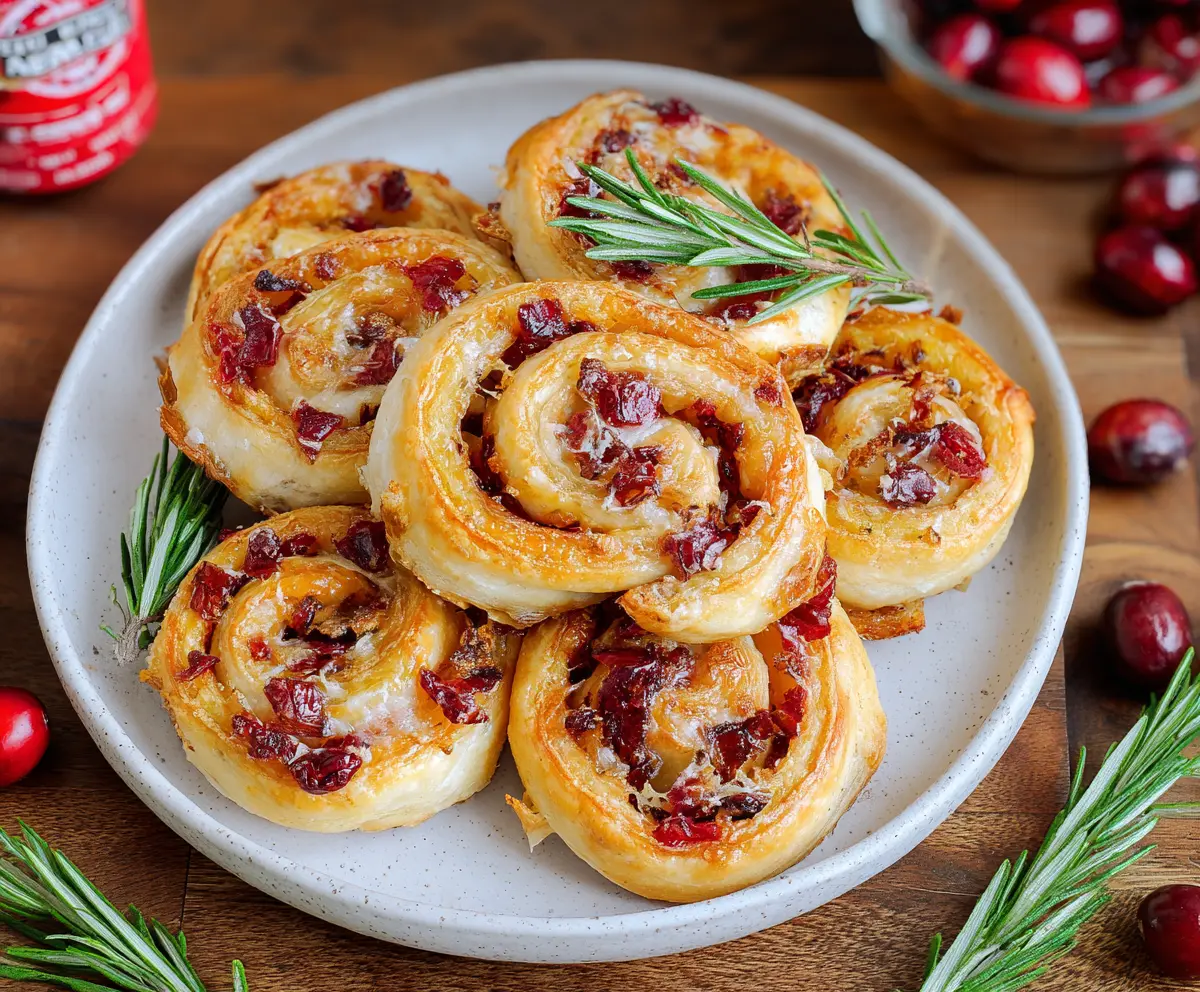 Delicious Brie and Cranberry Pinwheels with flaky pastry and vibrant cranberry filling.
