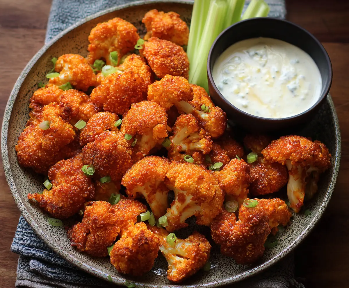 Crispy Buffalo Cauliflower Bites served with celery sticks and blue cheese dressing