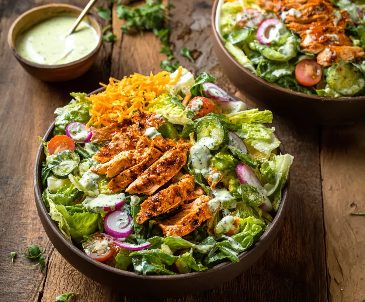 Delicious Buffalo Ranch Chicken Salad in a bowl with fresh greens and creamy sauce