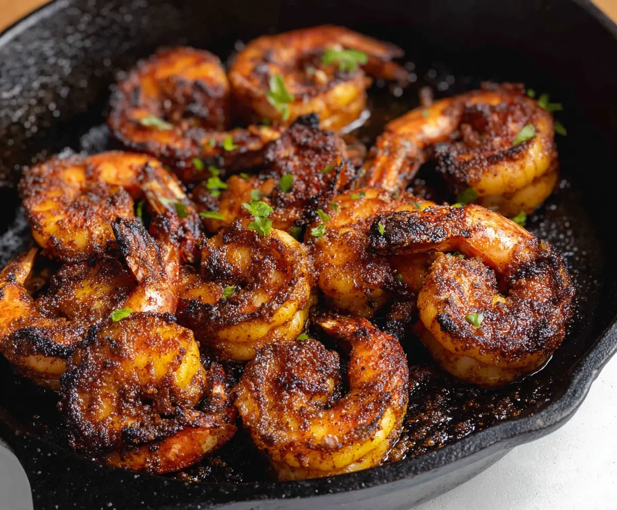 Juicy Cajun Blackened Shrimp served on a plate with vibrant spices and lemon slices.