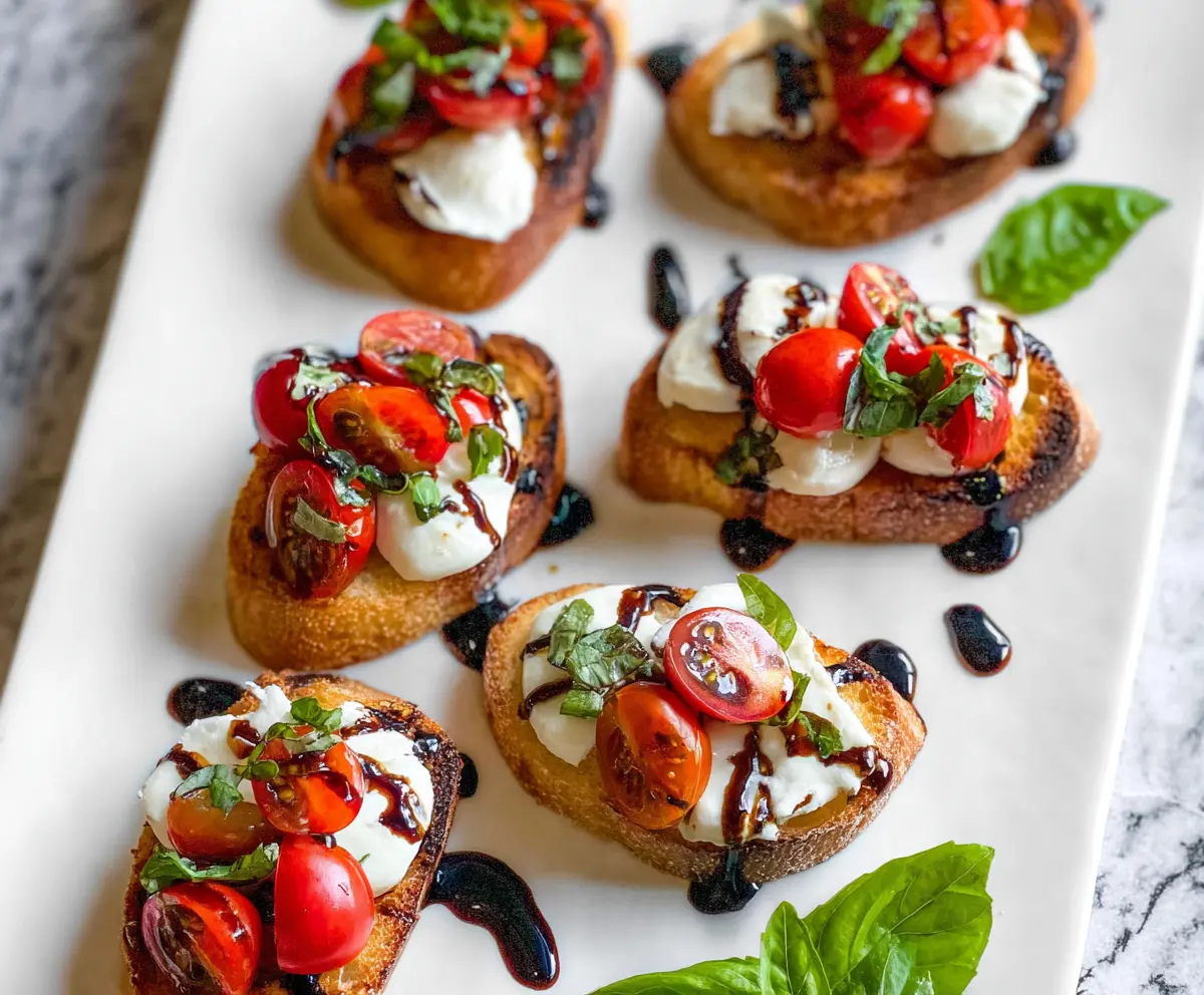 Delicious Caprese Crostini with fresh mozzarella, ripe tomatoes, basil, and balsamic glaze on toasted baguette slices.