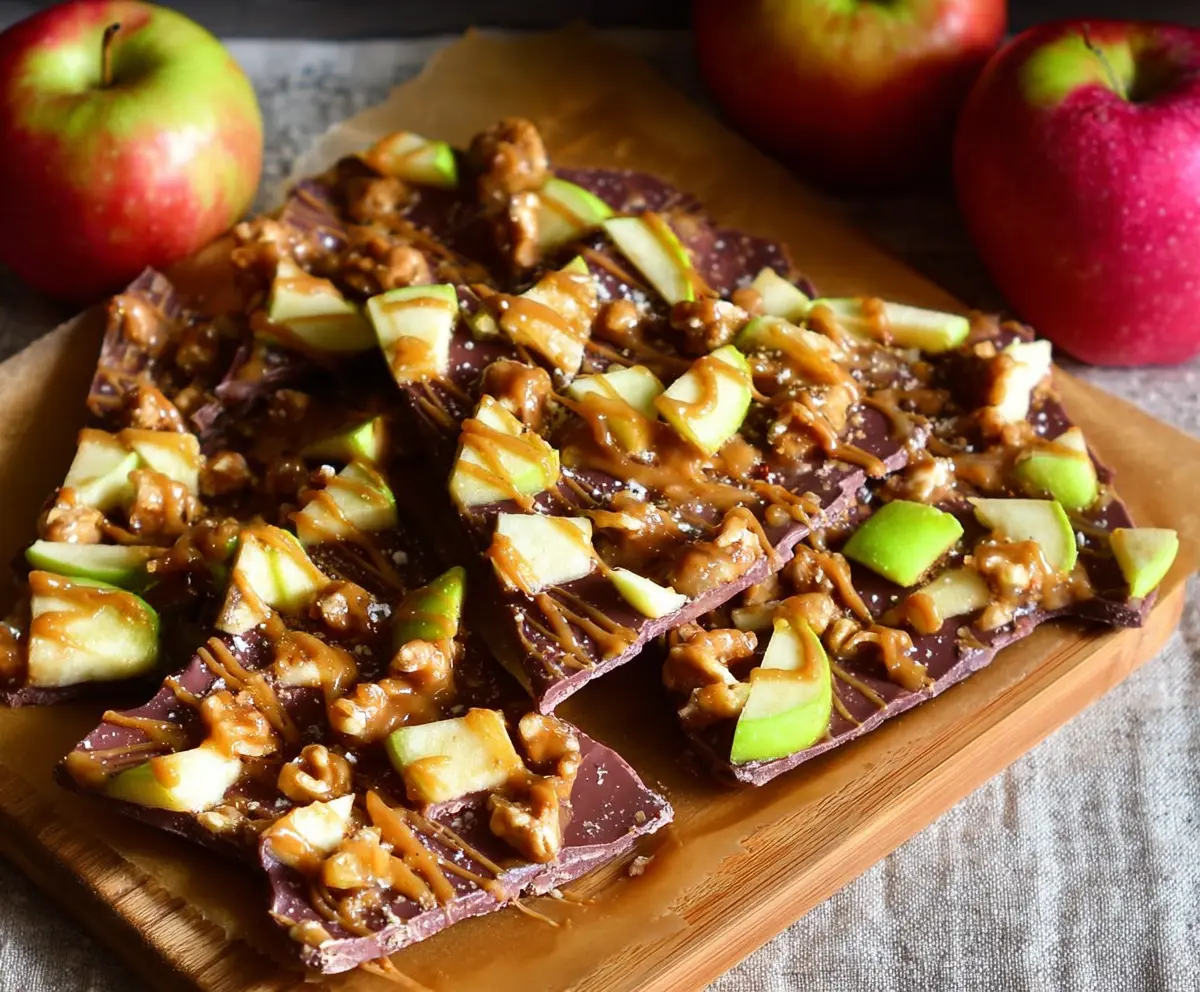 Delicious homemade caramel apple bark with crunchy toffee and fresh apple slices