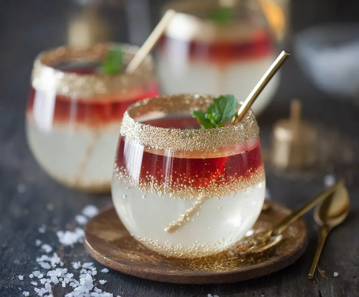 Delicious Champagne Jello Cups garnished with fresh fruit for a festive dessert.