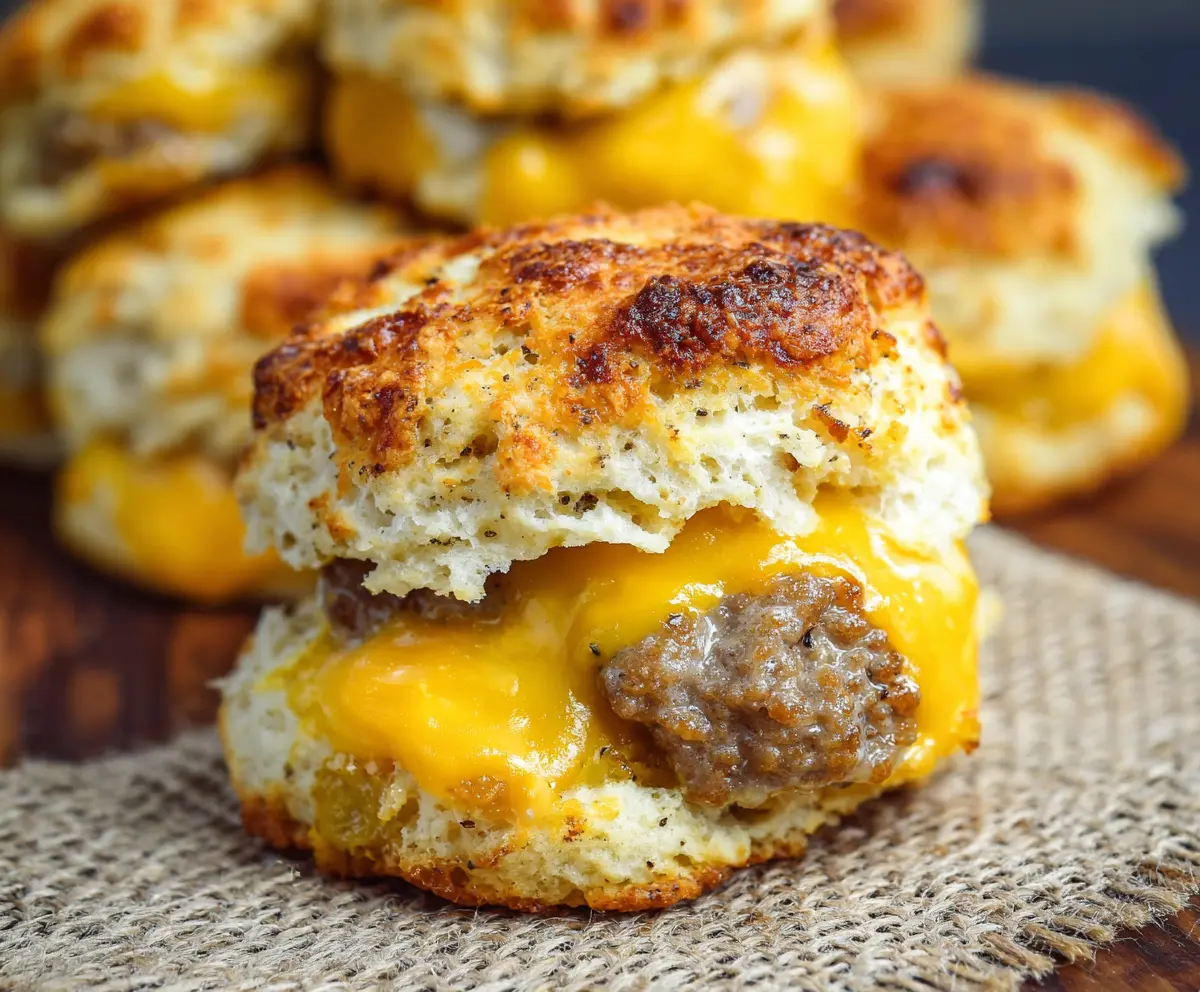 Delicious cheese and sausage biscuit fresh out of the oven, perfect for breakfast or brunch.