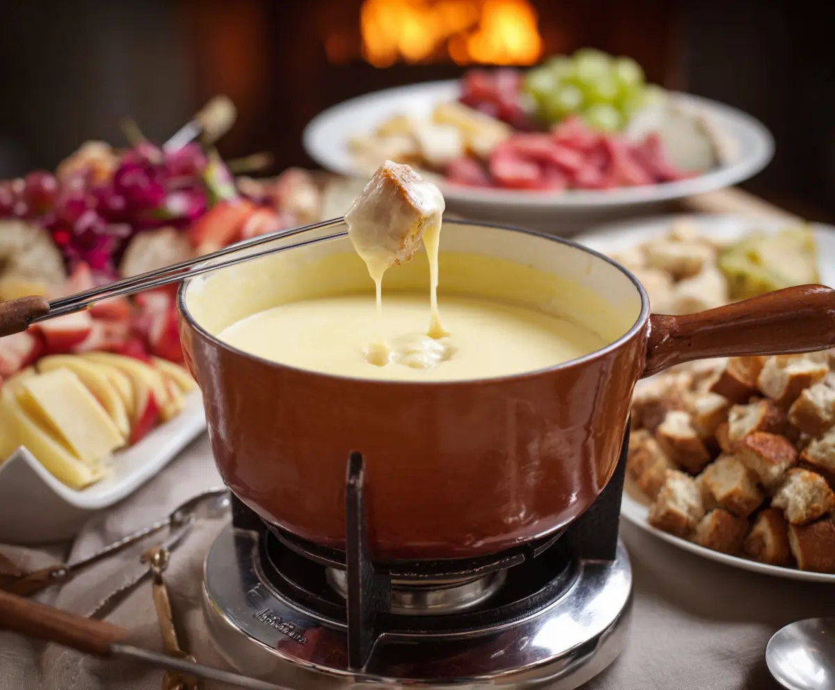 Creamy cheese fondue served with bread cubes and vegetables for dipping.