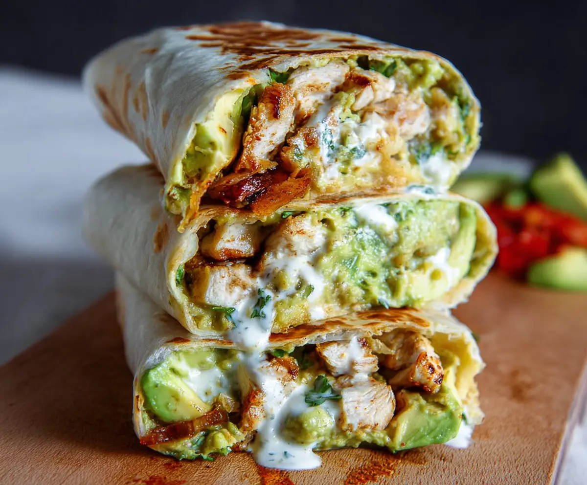 Delicious chicken avocado burrito with fresh ingredients and creamy avocado filling.