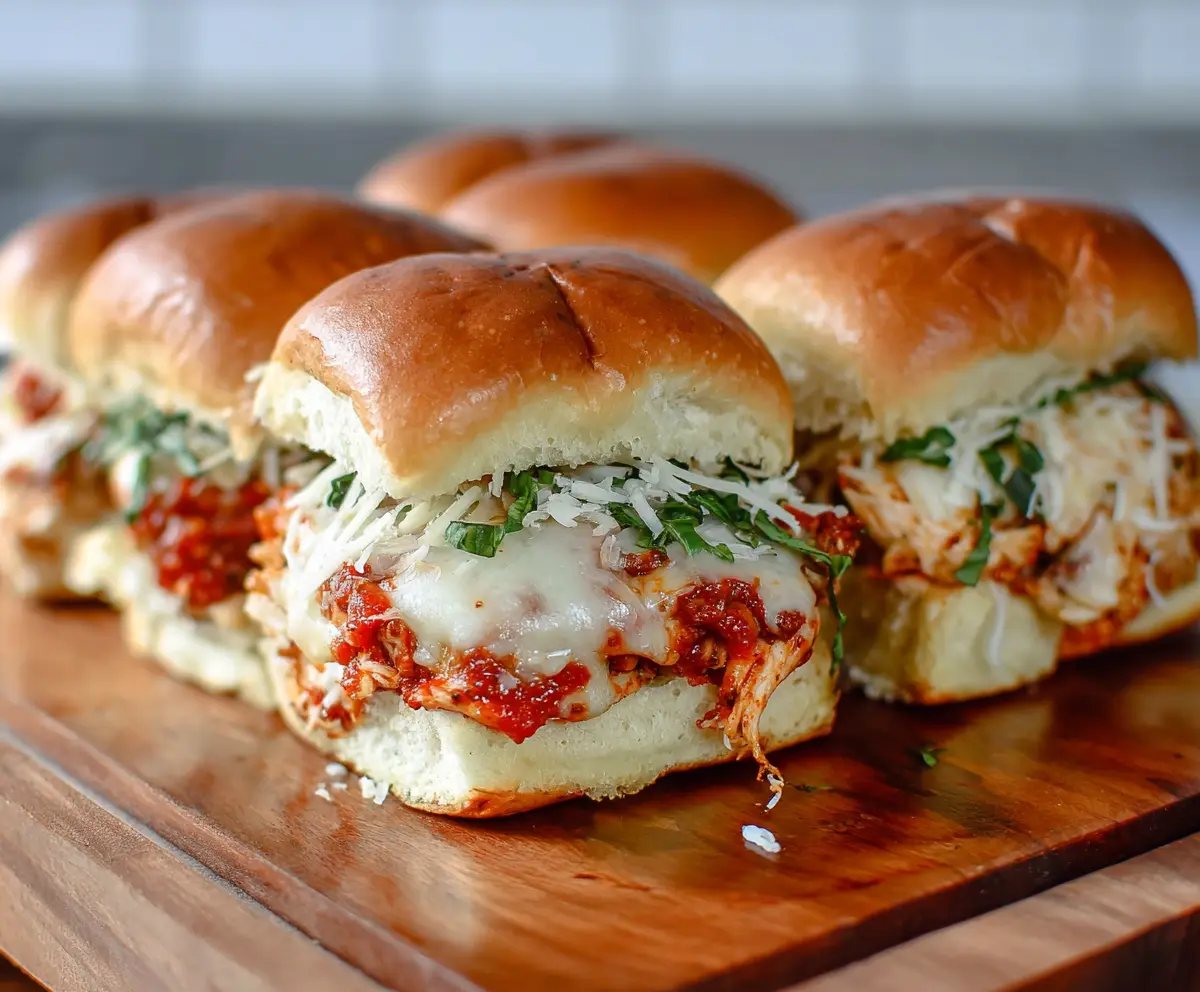 Delicious Chicken Parm Sliders with melted cheese and crispy bread rolls.