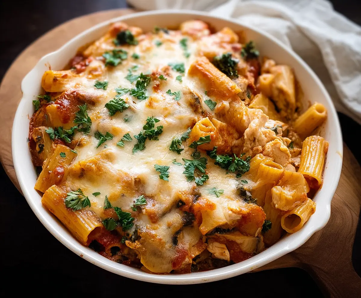 Baked chicken rigatoni pasta dish with melted cheese and fresh herbs on top.