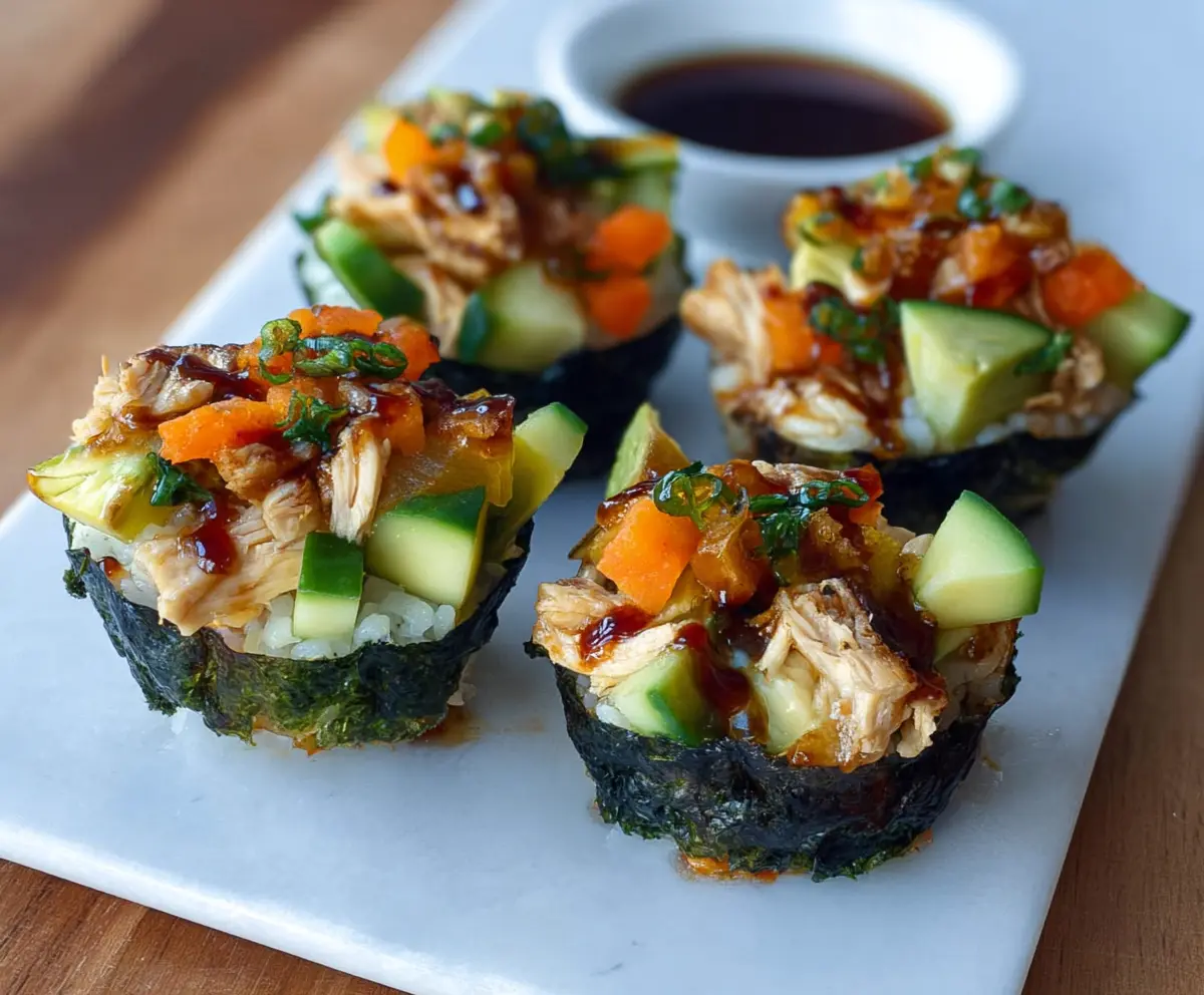 Delicious chicken sushi cups with rice, chicken, and vegetables in bite-sized portions