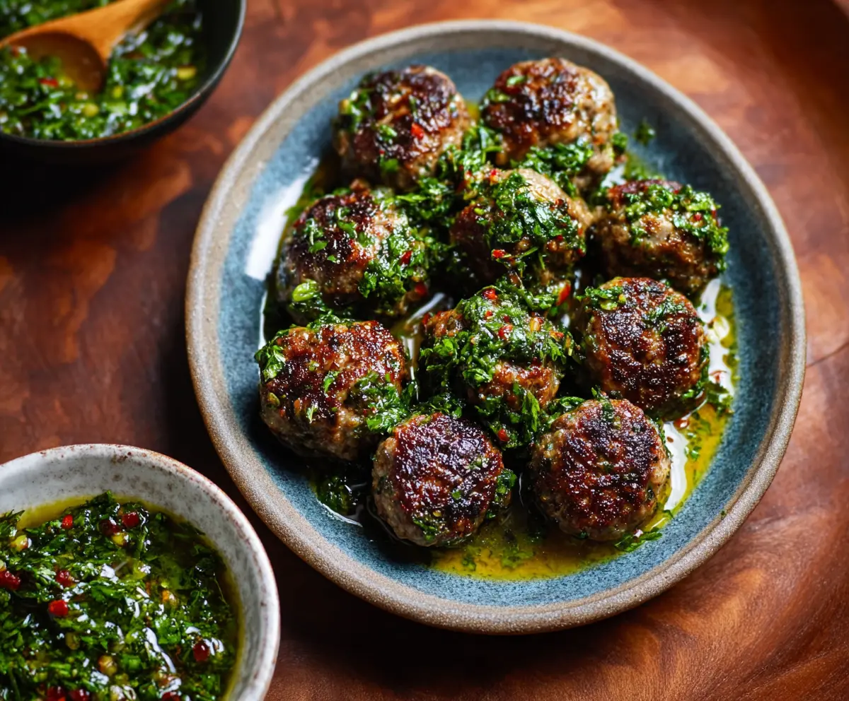 Delicious Chimichurri Meatballs served on a plate, garnished with fresh herbs for a flavorful appetizer or main dish.