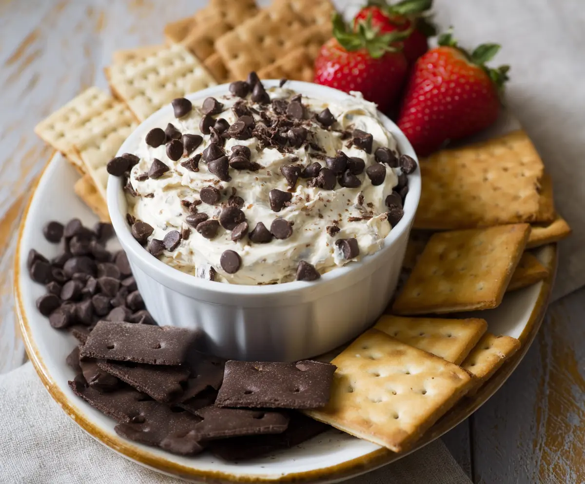 Creamy chocolate chip and cream cheese dip served with fruits and crackers for snacking.