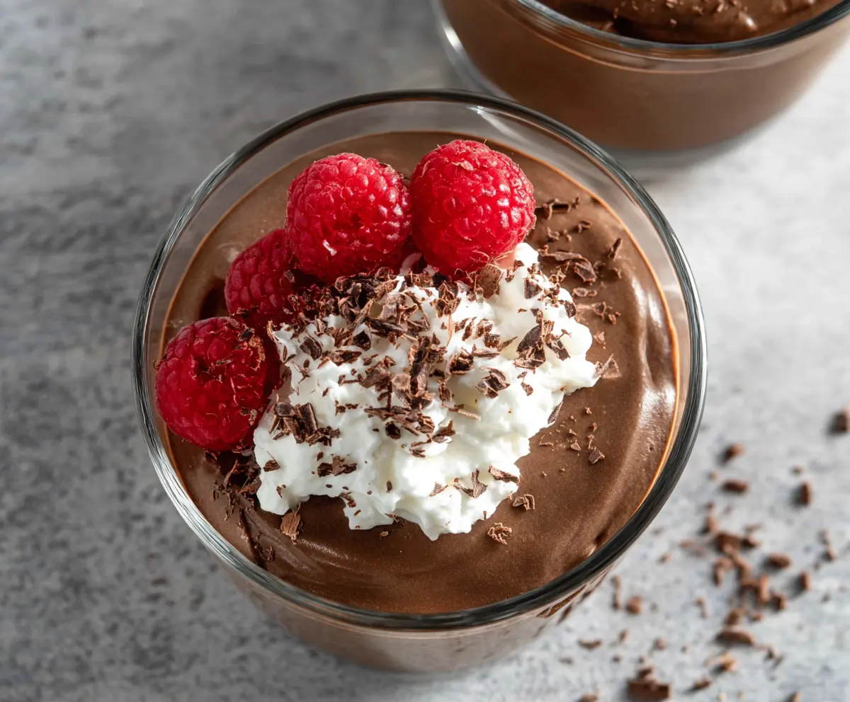 Creamy chocolate protein pudding topped with fresh berries and a drizzle of chocolate sauce.