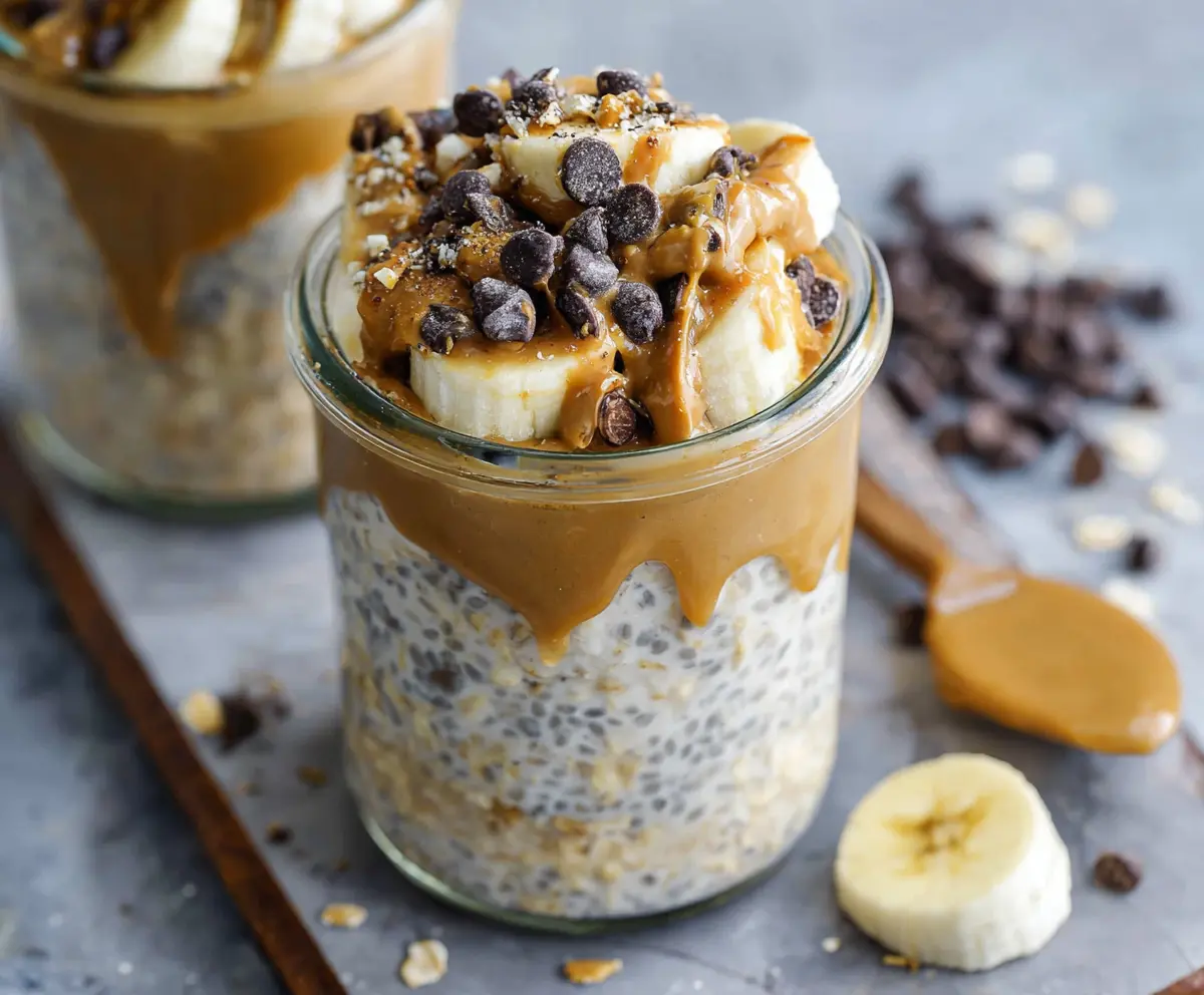 Delicious Chunky Monkey Overnight Oats with banana, walnuts, and chocolate chips in a glass jar