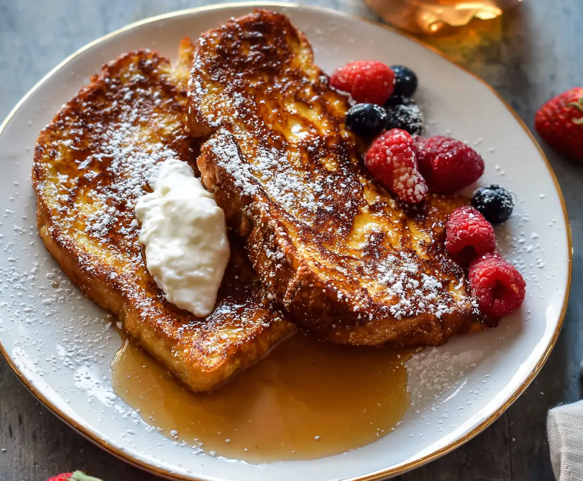 Delicious cinnamon French toast with powdered sugar and maple syrup on a rustic plate.