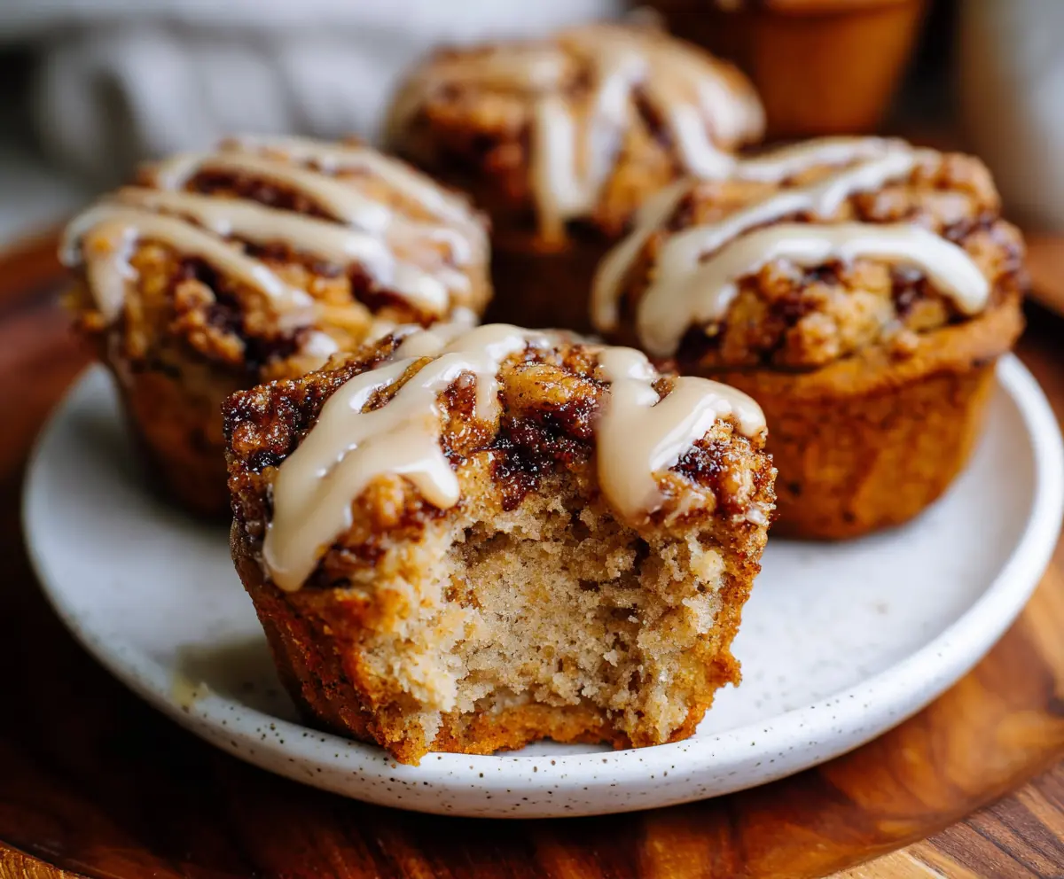 Healthy cinnamon roll protein muffins with swirls of cinnamon and frosting on top.