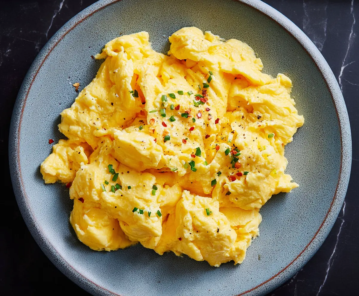 Creamy classic scrambled eggs in a white bowl, perfect for breakfast.