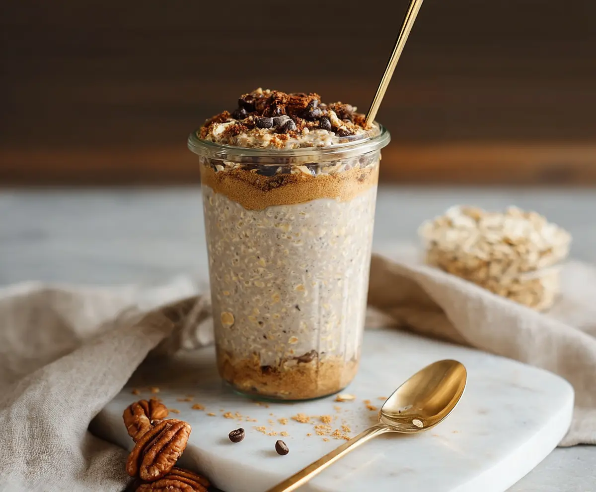 Delicious Coffee Cake Overnight Oats in a glass jar topped with cinnamon and fresh berries.