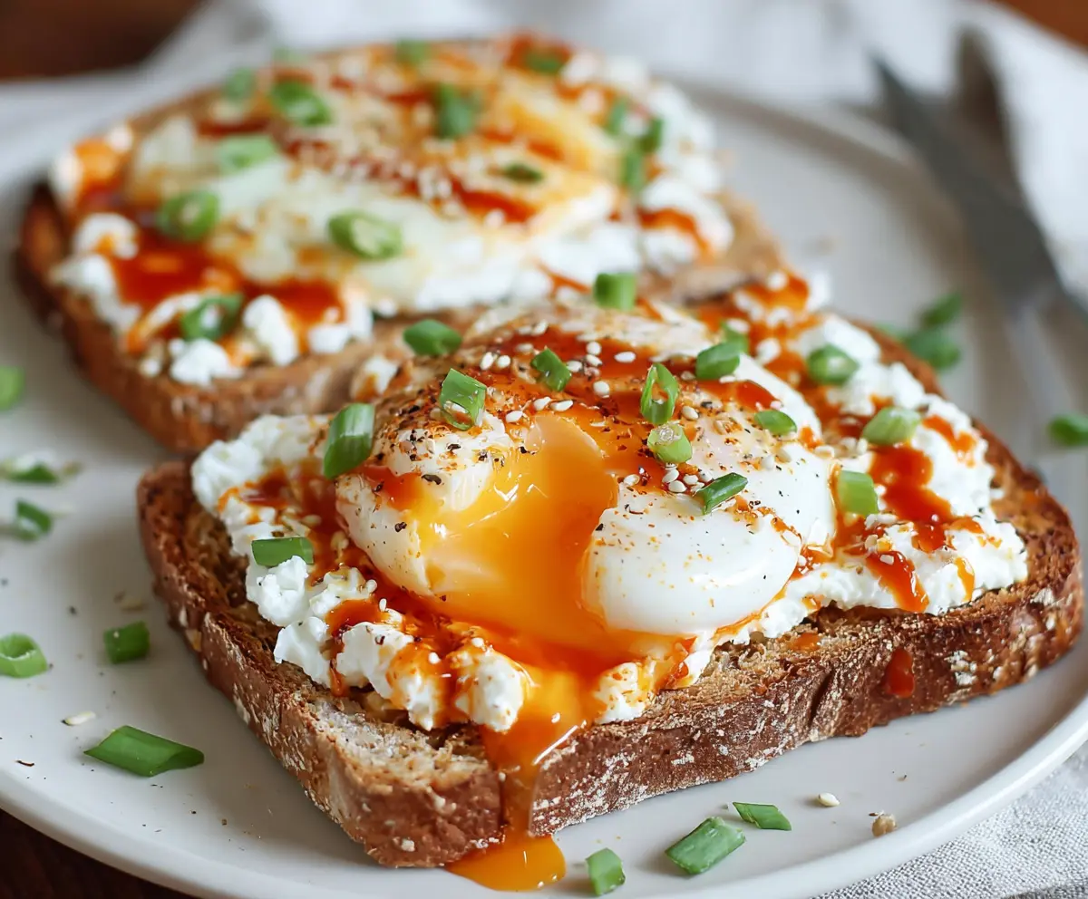 Delicious cottage cheese, egg, and sriracha protein toast, a healthy breakfast option.