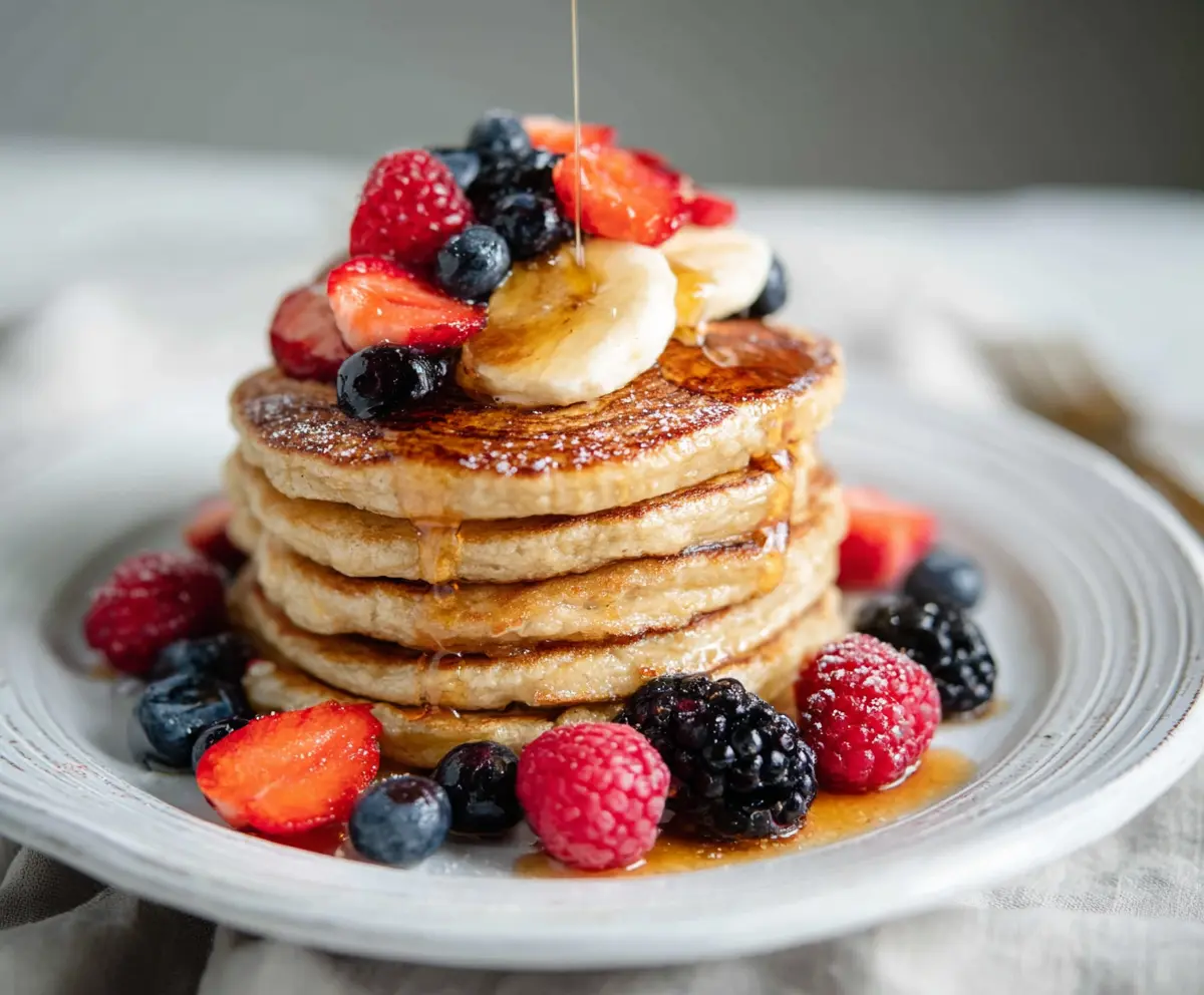 Healthy cottage cheese protein pancakes topped with fresh berries and honey, perfect for breakfast.