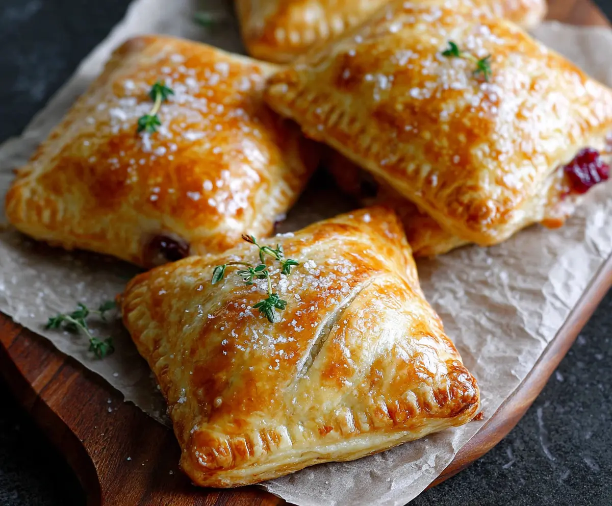 Delicious Cranberry Brie Mini Hand Pies on a rustic platter, showcasing golden, flaky pastry filled with tart cranberry and creamy Brie cheese.