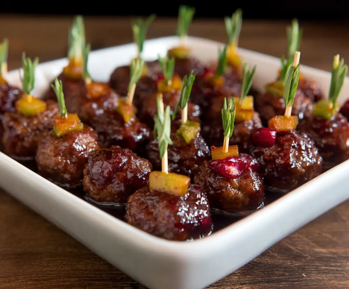 Cranberry Chipotle Cocktail Meatballs served as an appetizer with a festive presentation