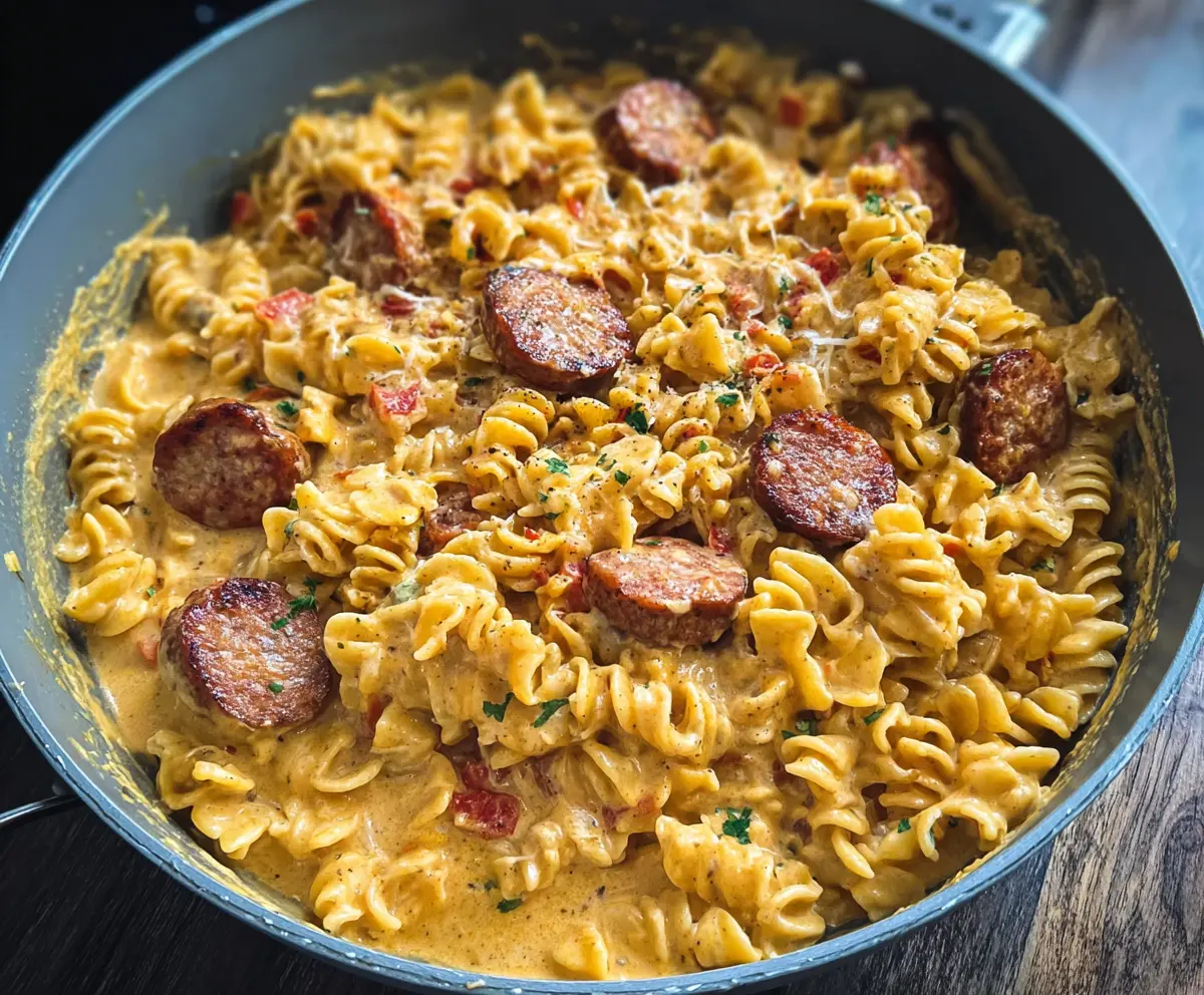 Creamy Cajun Sausage Pasta dish with spicy sausage, creamy sauce, and pasta garnished with herbs.