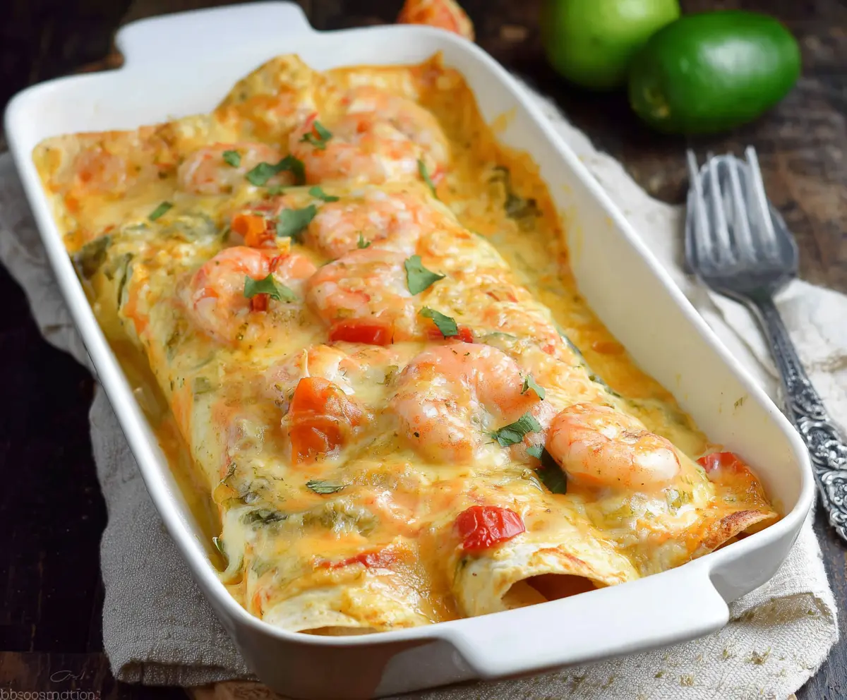 Delicious creamy shrimp enchiladas topped with cheese and fresh cilantro on a serving platter.