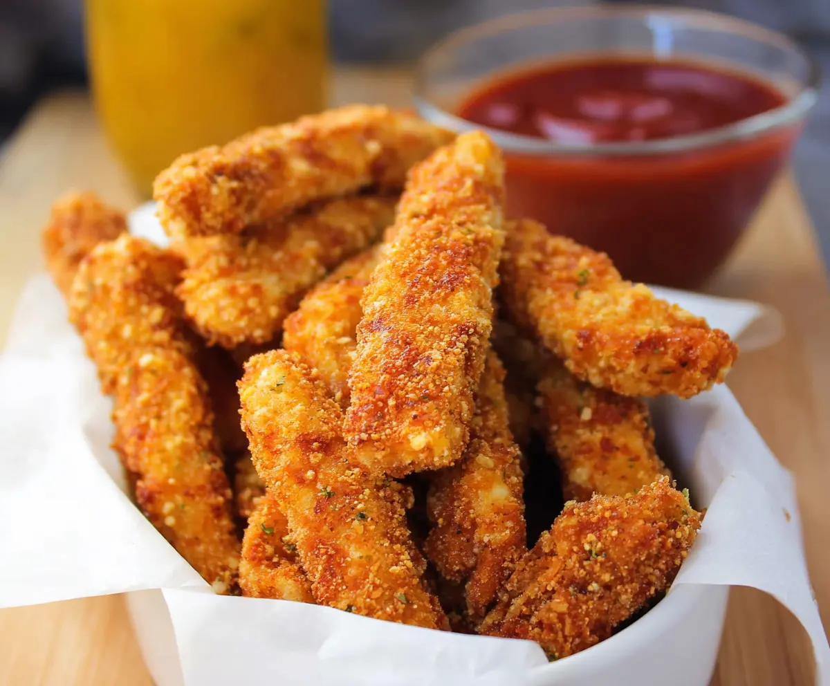 Crispy Chicken Fries served with dipping sauce on a plate, golden and crunchy snack perfect for parties.