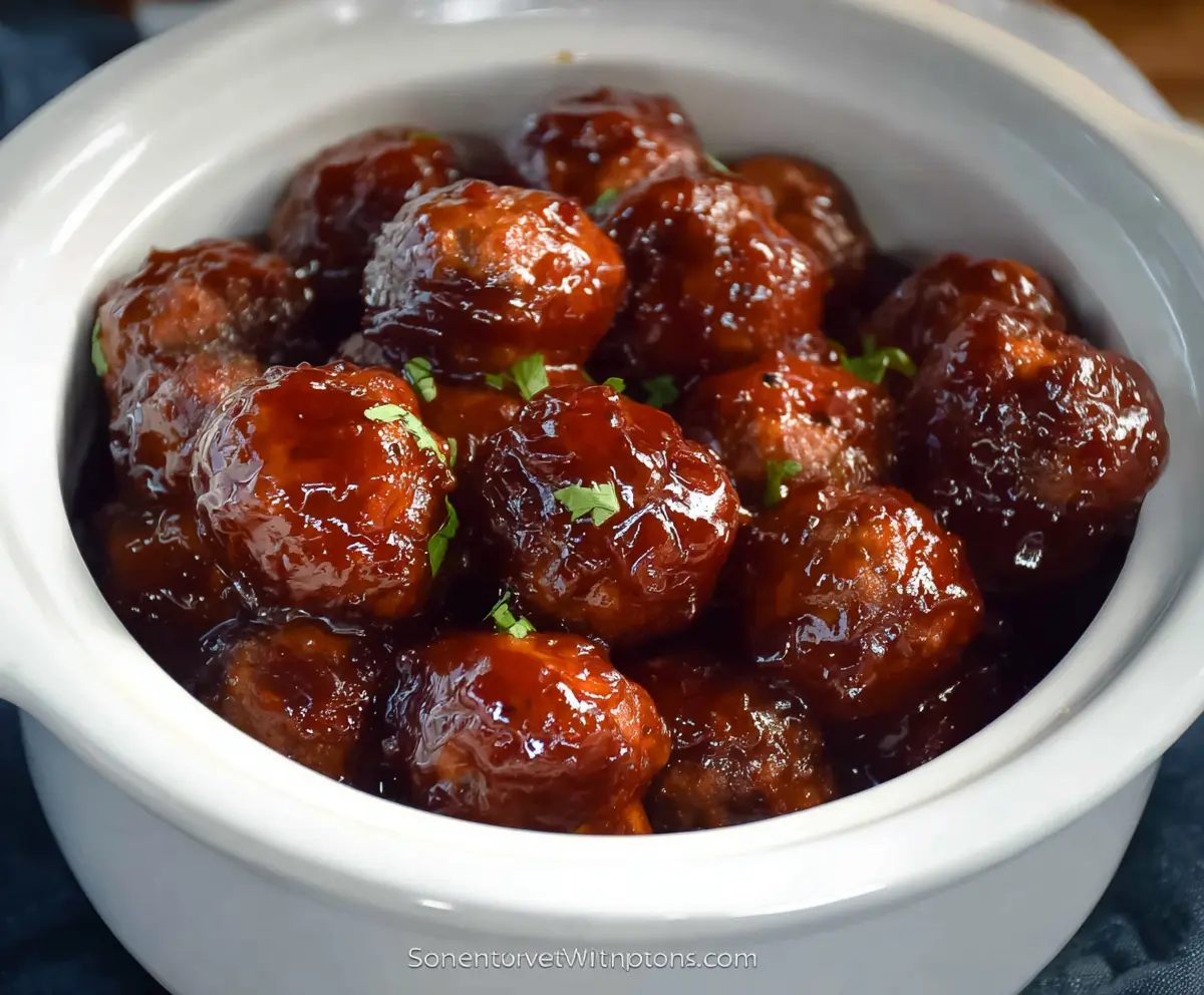 Delicious Crockpot Grape Jelly Meatballs served in a serving dish, perfect for parties and gatherings.