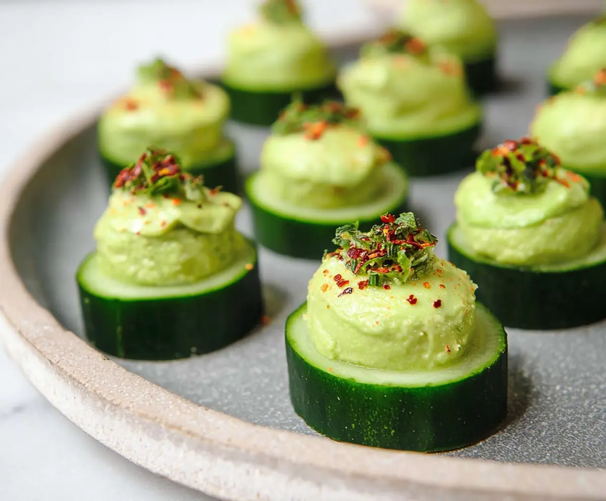 Fresh cucumber and creamy avocado bites garnished with herbs for a healthy appetizer.