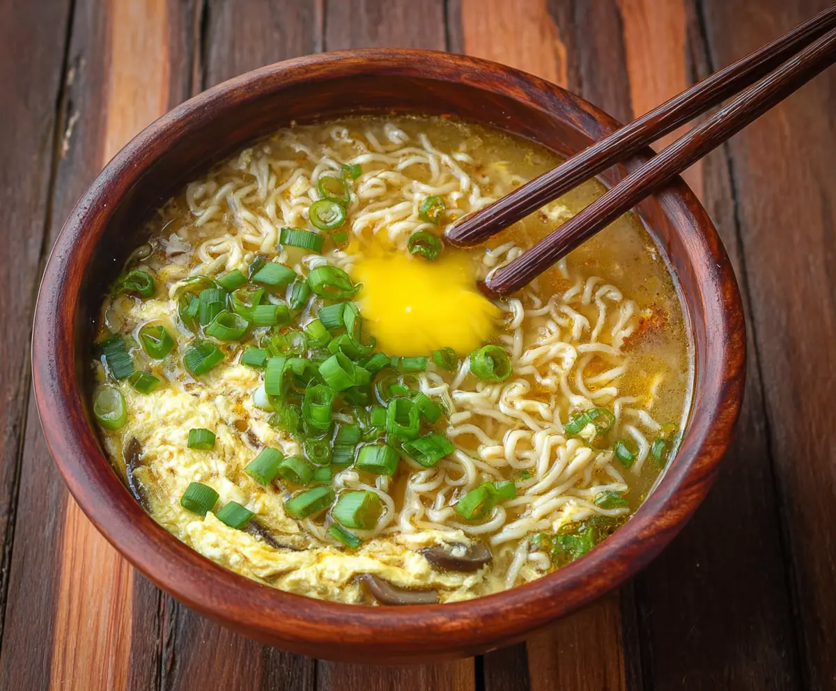 Savory Egg Drop Ramen Soup with soft-boiled eggs and green onions in a bowl.