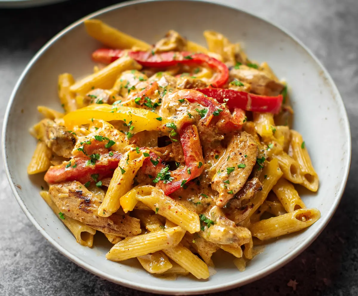 Delicious Fajita Pasta with colorful bell peppers and melted cheese on a white plate