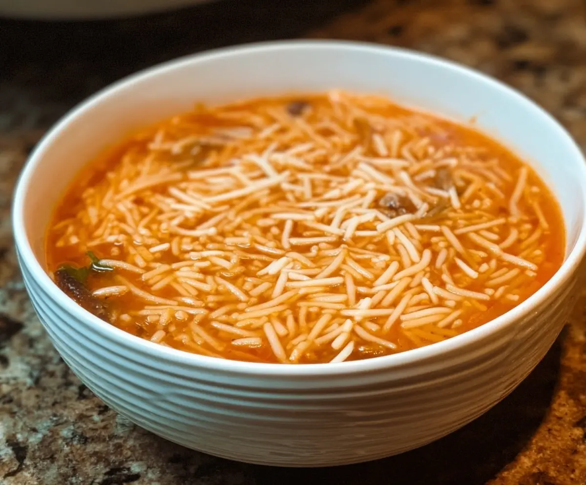 Delicious Fideo Pasta Soup with fresh vegetables and herbs served in a bowl